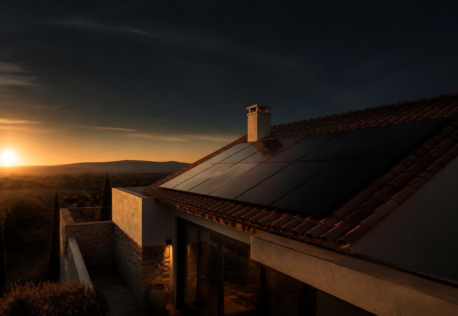 Moradia portuguesa com painéis solares ao pôr do sol