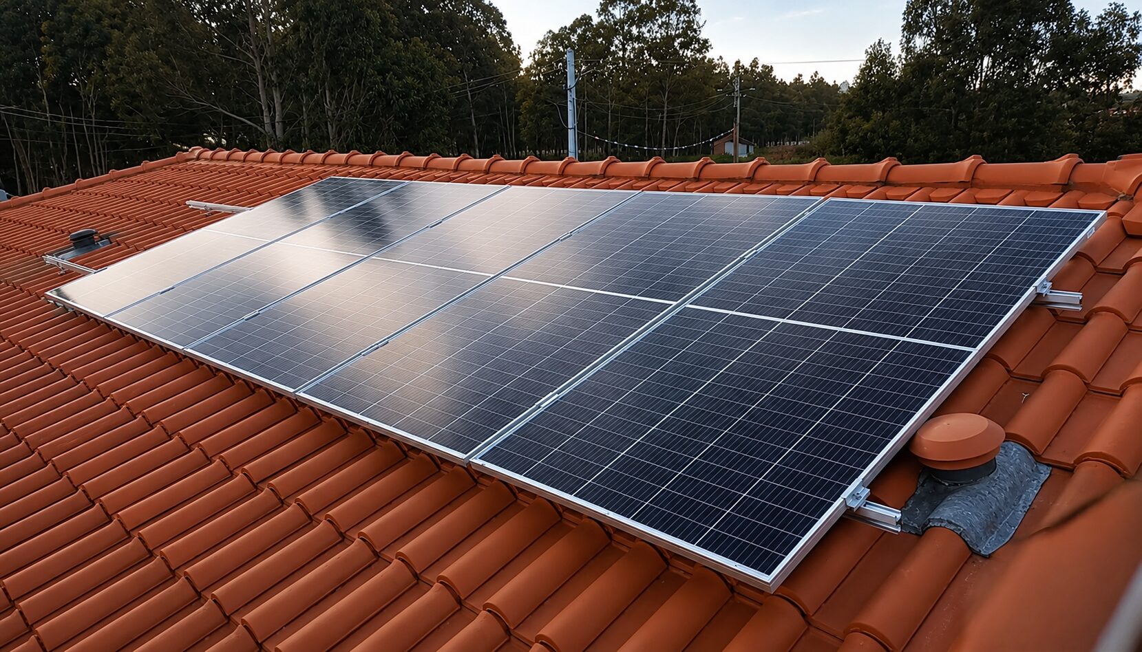 Fileira de painéis solares em cobertura plana, ao amanhecer